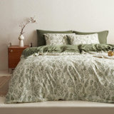 W-SJT-QingDai Green Leaves Flowers Plants Reversible Bedding Set Duvet Cover