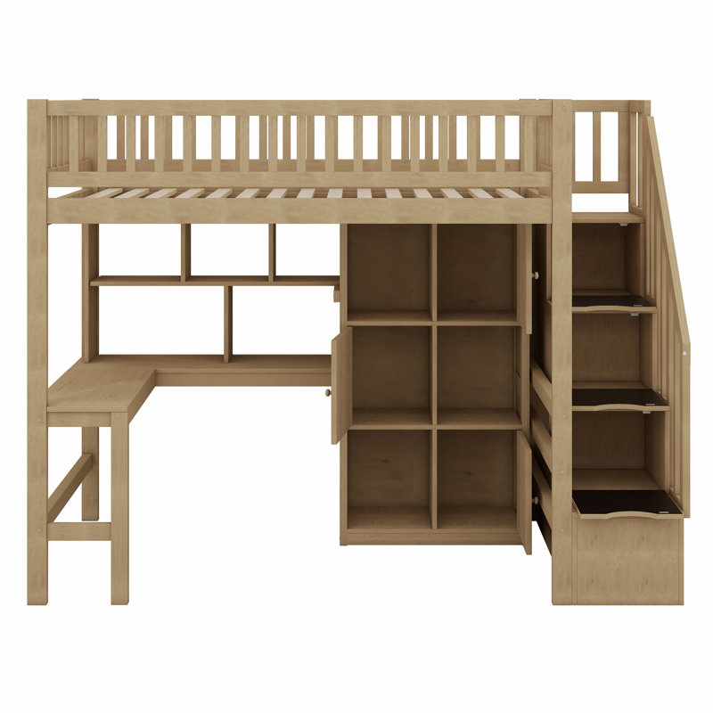 Wood Loft Bed With Built-In Desk, LED, Storage Shelves, Cabinets And Staircase, Walnut
