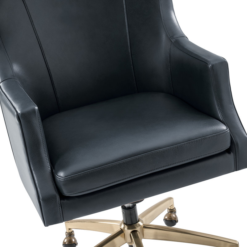 Heeg 47''H Transitional Genuine Leather Swivel Adjustable Height Tilting Executive Chair with High Backrest, Navy