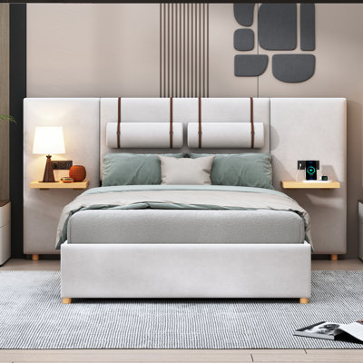 Upholstered Platform Bed, Two Outlets And USB Charging Ports On Both Sides, Two Bedside Pillows, Storage Shelves For Bedroom -  Latitude RunÂ®, 130C40DF68574C6882A2C844673932EE