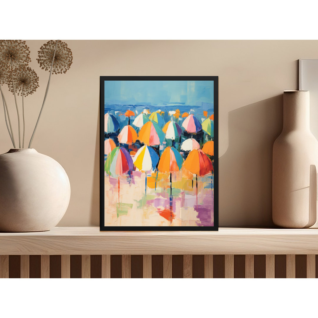 Colorful Umbrellas Beach View Abstract Painting Framed Poster