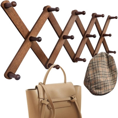 Wood Accordion Wall Hanger, Expandable Coat Rack Wall Mount With 14 Pegs, Expanding Hat Rack