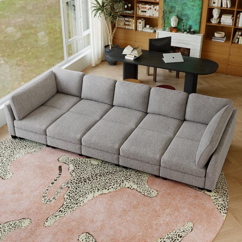 5-Seater Modular Sofa Chaise Lounge, Frostvelvet Upholstery Sofa Bed, 35.4" H x 135.8" W x 45.7" D, Gray Polyester Blend