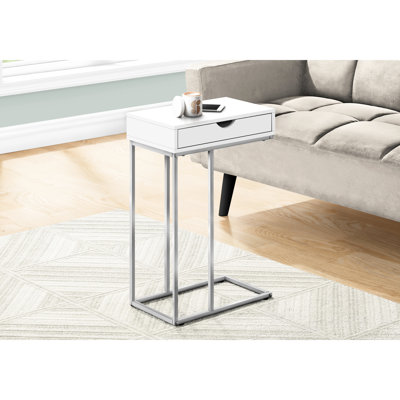 Snack Table With Storage, White Laminate Exterior & Grey Metal Support For Living Room Bedroom Modern Metal, Ideal