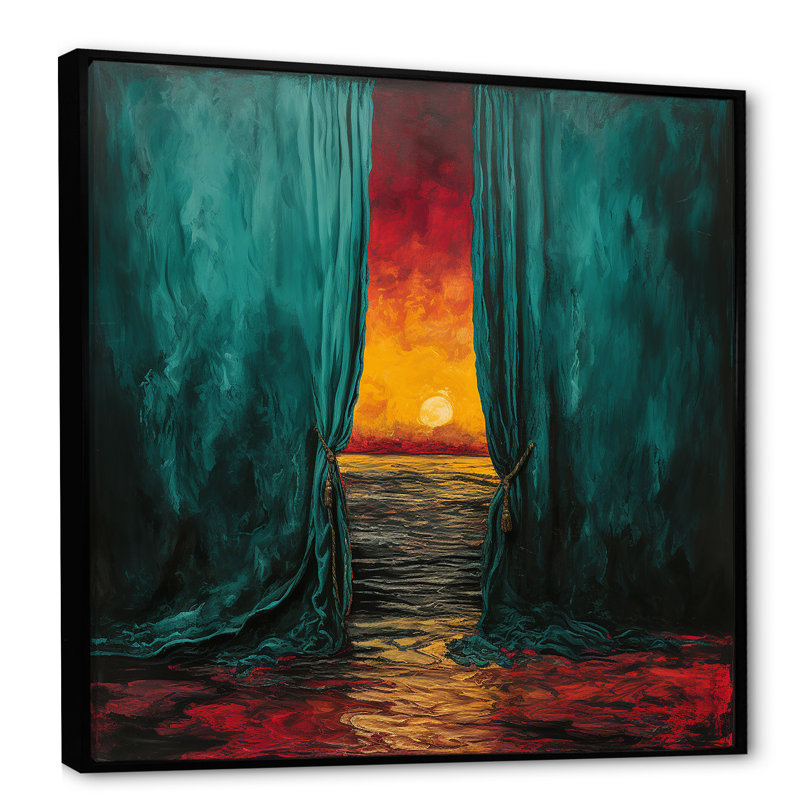Coastal Windows Sunset Silhouette - Art mural de fenêtres côtières, Cadre flottant noir, H 36 po x l 36 po x P 1,5 po