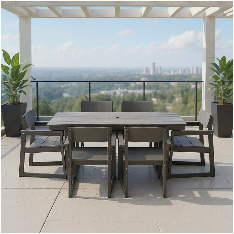 7-Piece HDPE Outdoor Dining Set For 6 – Weather-Resistant Patio Table With Umbrella Hole And 6 Armrest   Chairs, Durable Garden Furniture For Backyard, Lawn(Grey)