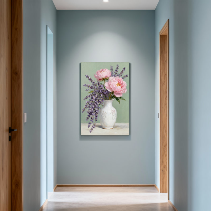 Plantes, fleurs, pivoines et lavande dans un vase, H 40 po x l 28 po