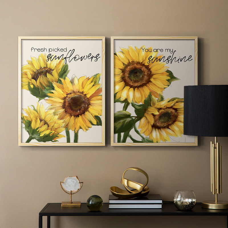 Tournesols fraîchement cueillis - reproduction encadrée de qualité supérieure - prêt à être accroché - aucun clou requis - aucun clou requis