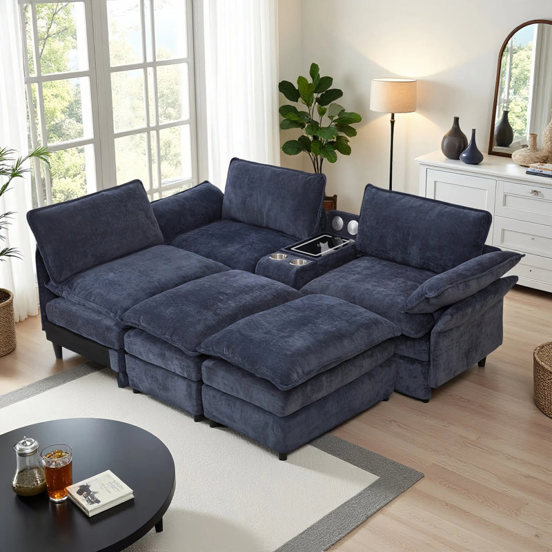 Canapé modulaire en U modulaire avec repose-pieds mobile, avec chargeur sans fil, haut-parleurs Bluetooth, rangement et porte-gobelets