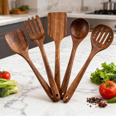 Ensemble de 5 cuillères en bois d'acacia pour la cuisine, ensemble d'ustensiles en bois 5 pièces avec tourne-spatule pour batterie de cuisine antiadhésive, ustensiles de cuisine naturels