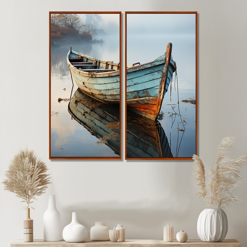 «Boat Serene Waterscapes I», art mural moderne sur toile bleue, 20" H x 24" W, Impression encadrée flottante, Brown