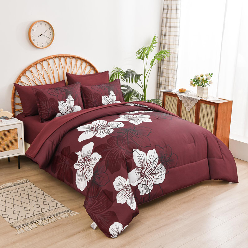 7 Piece Floral Comforter Set Soft Microfiber Bedding Set with Sheets for All Seasons, Burgundy