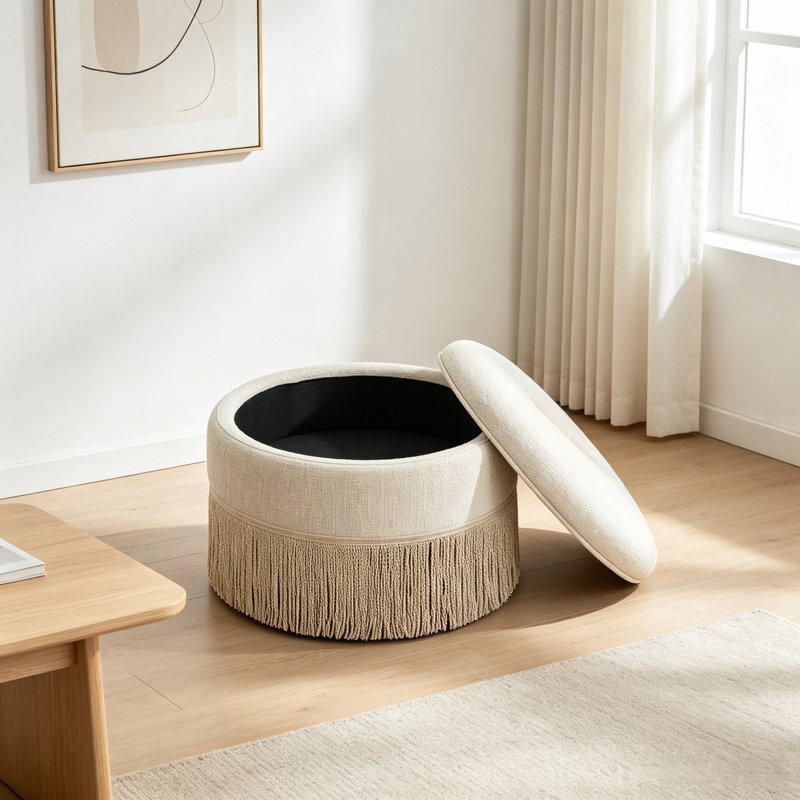 23.23"Round Upholstered Storage Ottoman With Fringe