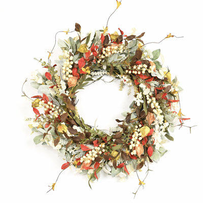 24" Artificial Rustic Fall Foliage Leaves Lambs Ear Berry Fall Harvest Front Door Wreath Thanksgiving Decor