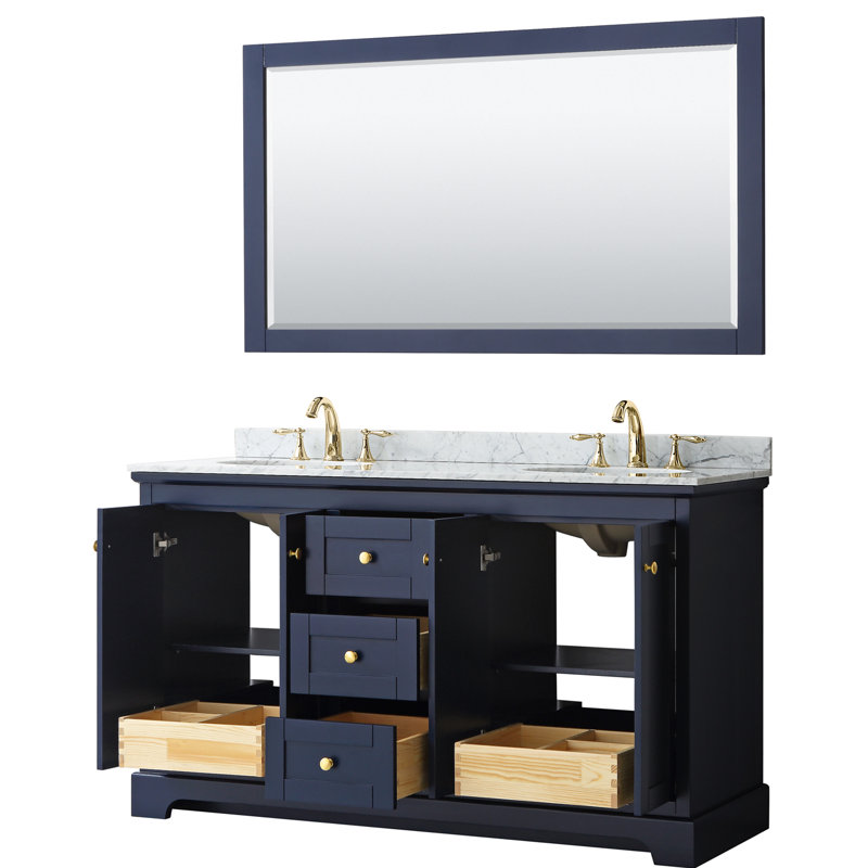 Avery 60'' Double Bathroom Vanity with Marble Top, Dark Blue, Brushed Gold