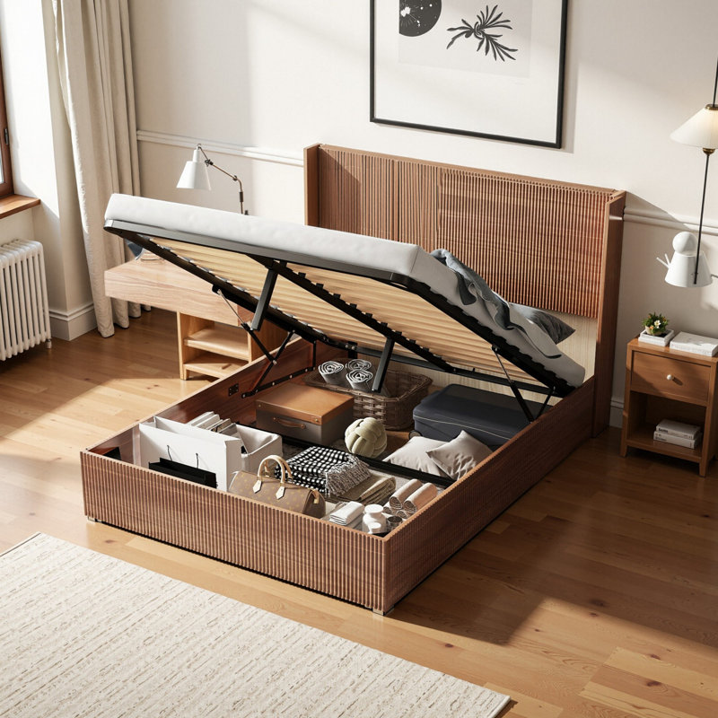 Large grooved undulating lift storage bed frame, wooden platform bed frame with lift storage, no spring box required/no noise, rustic brown slatted natural wood( Queen)