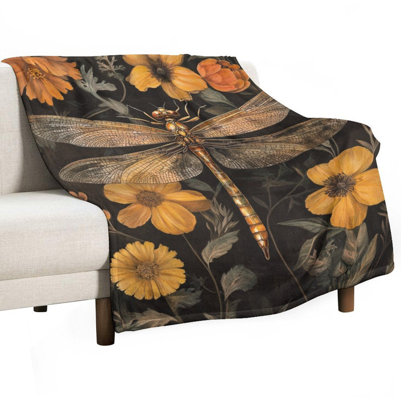 Jeté en flanelle de libellule parmi les fleurs automnales, 40 po x 50 po