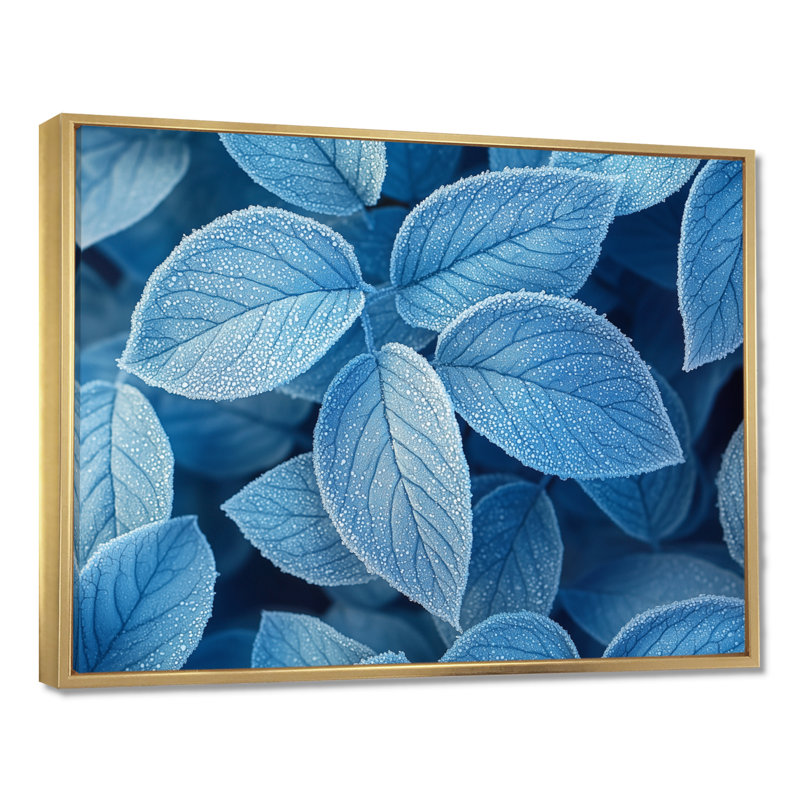 «Ifraz Frost Blue Leaves Tranquility II - LEAVES», art mural grand format, H 30 po x l 40 po, Picture Framed, Doré