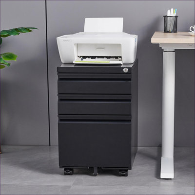 3-Drawer Mobile Filing Cabinet With Lock, Office Storage Filing Cabinet Of Legal/Letter Size, Metal Filing Cabinet To Be Installation Required (Black)