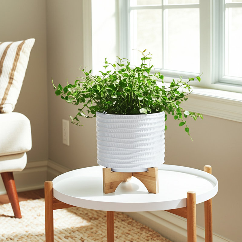 Stoneware Ceramic Planter with Stand - Textured Decorative Plant Pot with Bamboo Base - Modern Indoor/Outdoor Raised Planter