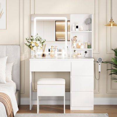 Bureau de meuble-lavabo avec miroir à DEL, bureau de maquillage avec 4 tiroirs, prises de courant, tabouret de rangement, tablettes de rangement et support pour sèche-cheveux, 3 modes d'éclairage réglables, ensemble de meuble-lavabo pour chambre à co