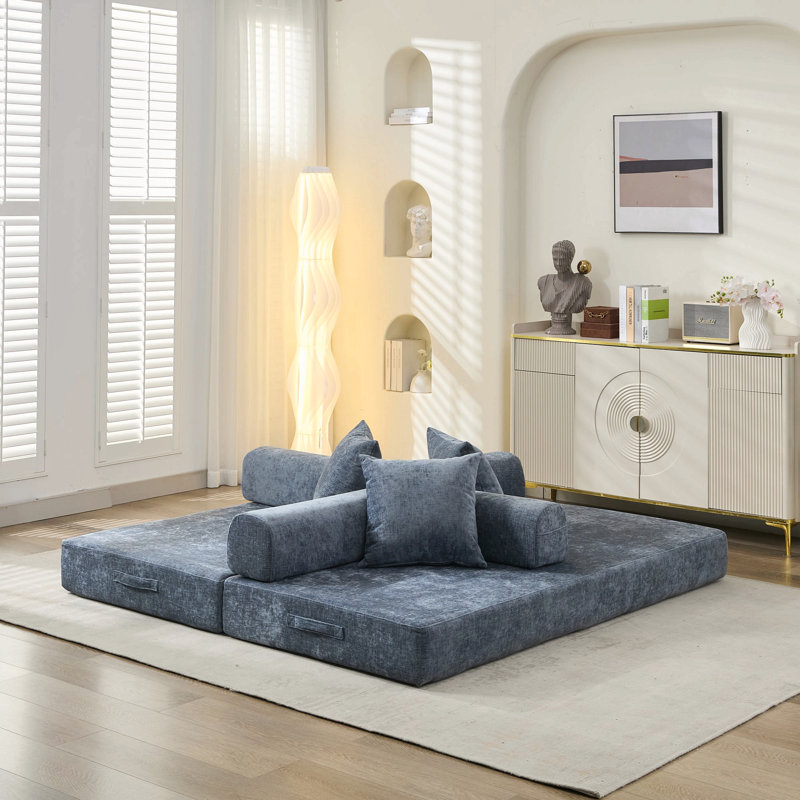 Isabeau Boneless 78.8" Convertible Compression Folding Floor Sofa Bed, Chenille Floor Sofa Lounge Couch With Armrest, Blue