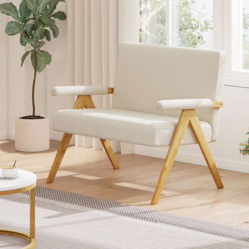 Causeuse avec accoudoirs et pieds en bois, Beige