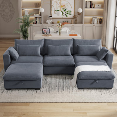 Secondina 120"W U-shaped Corduroy Sectional Sofa With Storage Ottoman by Latitude Run