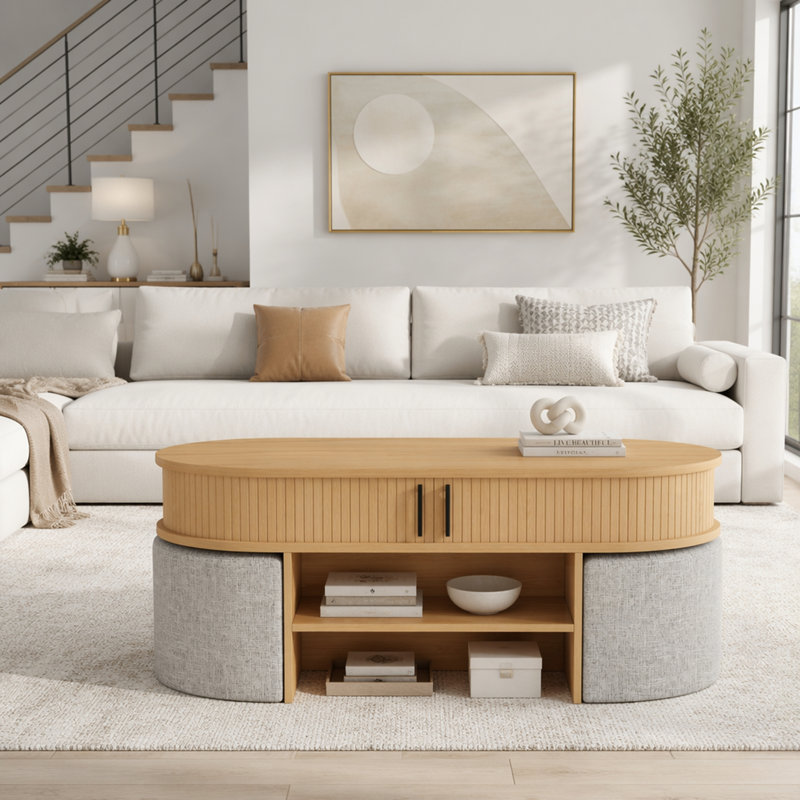 Table basse multifonctionnelle ovale avec rangement et 4 tabourets en tissu, parfaite pour une vie sans encombrement et des espaces compacts