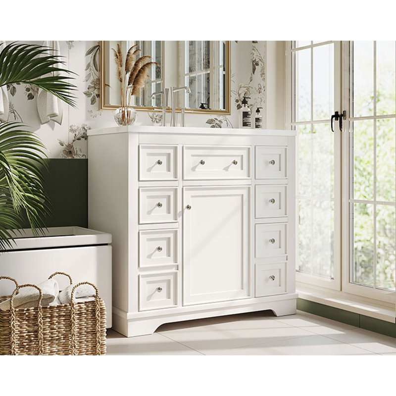 Meuble-lavabo sur pied simple 36 po avec plateau en céramique Keyri