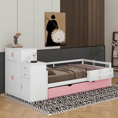 Lit plateforme simple en bois avec bibliothèque et garde-robe mobile