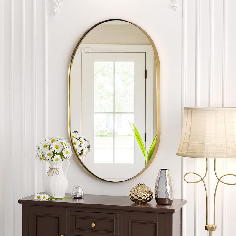 Élégant miroir de salle de bain elliptique, cadre en acier inoxydable, suspension verticale ou horizontale, 33 po x 20 po