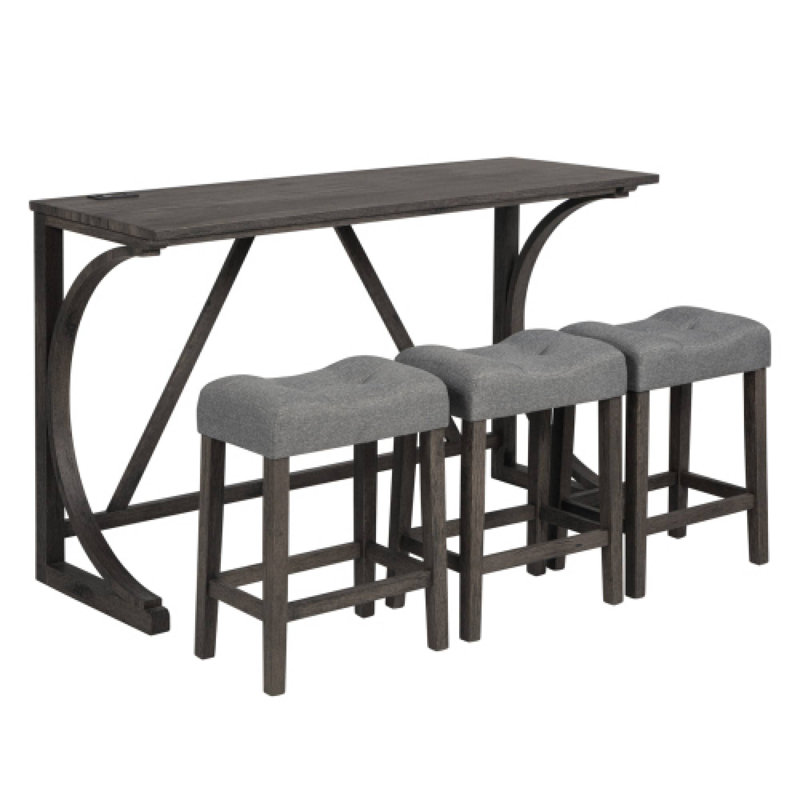 Ensemble de bar 4 pièces gris foncé chic avec prise de courant, 3 tabourets rembourrés pour salle à manger, Gris