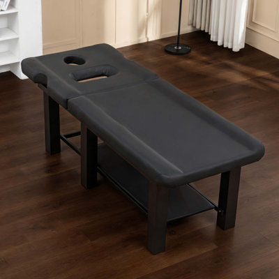 Table de massage Spa Salon - dossier réglable (0 à 15 °), appui-tête et coussin de poitrine détachables, structure en acier robuste, capacité de 330 lb, rangement inférieur, cuir de polyuréthane noir (usage professionnel en spa)
