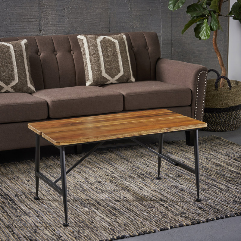  Table basse d'extérieur, table de patio rectangulaire avec plateau en bois massif et pieds inclinés en métal pour le jardin ou la terrasse, noir
