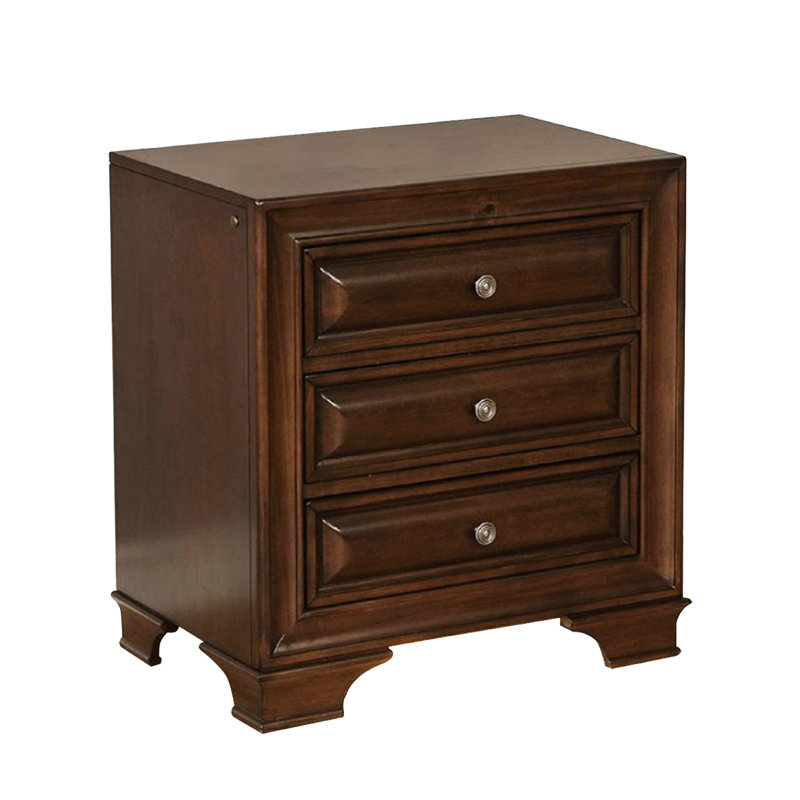 Table de chevet 3 tiroirs, finition cerisier brun, et puissance, incrustation de bois, veilleuse, anglais, tiroirs de chambre à coucher, ports intégrés,