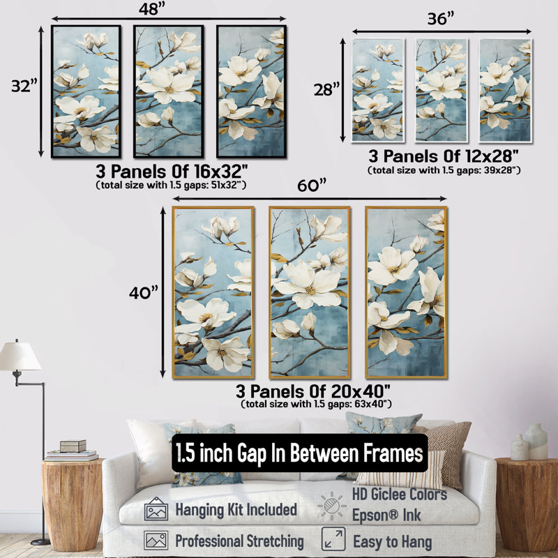 «White Blue Dogwood Peacefulness» - ensemble d'art mural en toile de cornouiller, Cadre flottant noir