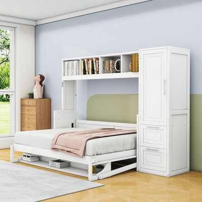 Lit escamotable en bois avec tablettes, placard et tiroirs Ladontay