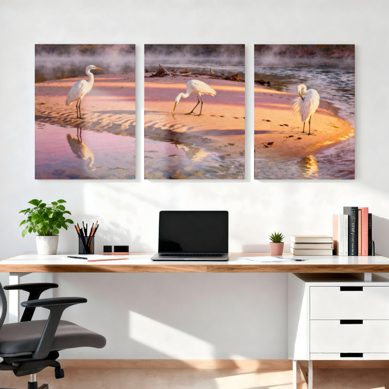 Ensemble de 3 toiles murales représentant des hérons blancs au coucher du soleil, H 24 po x l 48 po