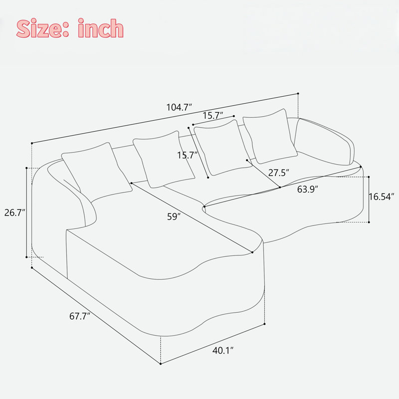Canapé modulaire en L en chenille à compression complète avec méridienne courbée et coussins, Chenille beige