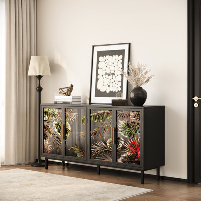 American Retro 60.3" Cabinet With Artistic Tropical Glass Doors, Dining Room Storage, And Luxurious Appearance 4 - Door Buffet Design, Console In Room, Stylish Build
