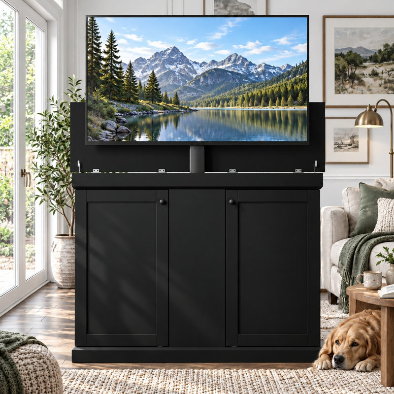 50" Painted Automatic TV Lift Cabinet，TV Stand With Remote Control And Safety Stopper, Black