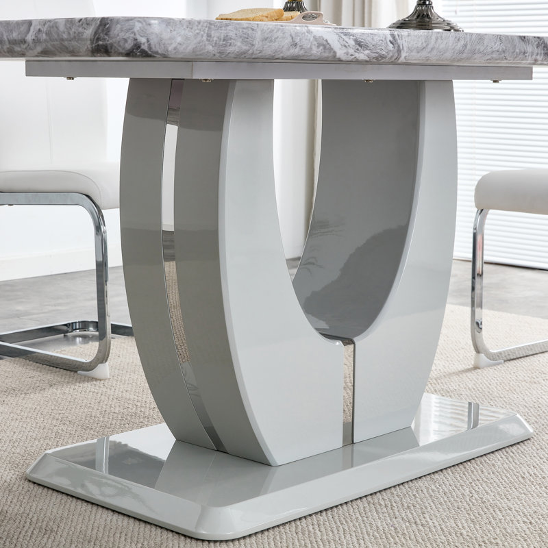 5-Piece Modern Rectangular 63" Faux Marble Dining Table Set with Upholstered Chairs, White/Brown, Gray