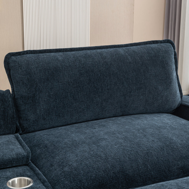 111" American Design Sectional , Blue, Double Cushion, Two Ports, Cup Holders, And Storage Space For Home