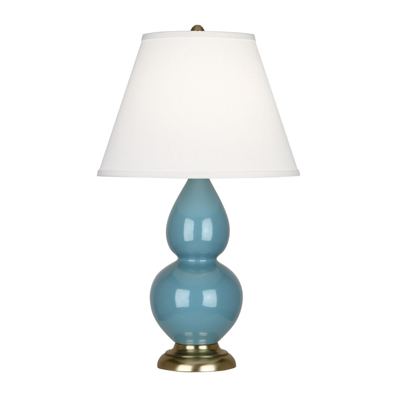 Small Double Gourd Ceramic Table Lamp, Steel Blue/Antique Brass