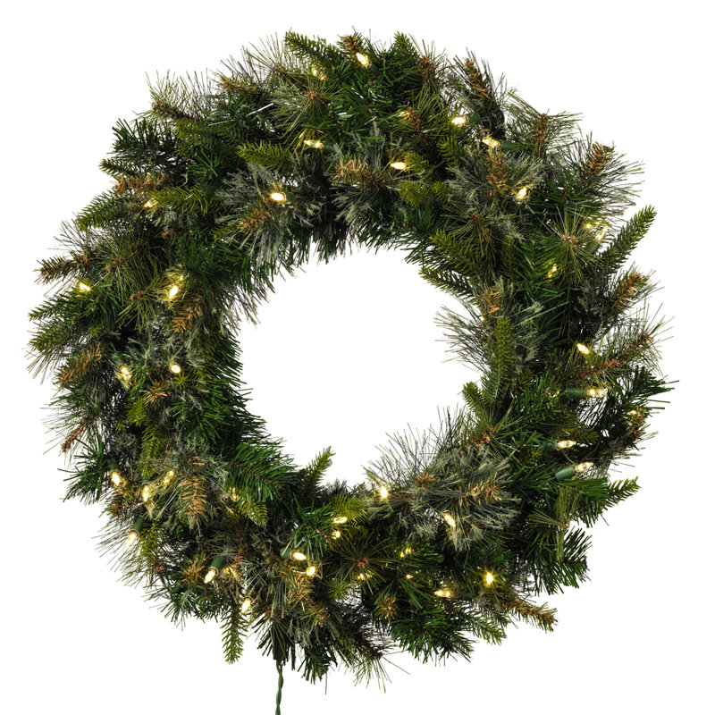 Couronne de Noël artificielle pré-éclairée en pin cachemire mélangé, H 24 po x l 24 po x P 3 po, Lumières chaudes / claires