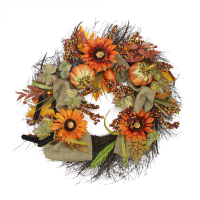 Couronne de tournesol artificielle orange et verte avec récolte de 31 po non éclairée