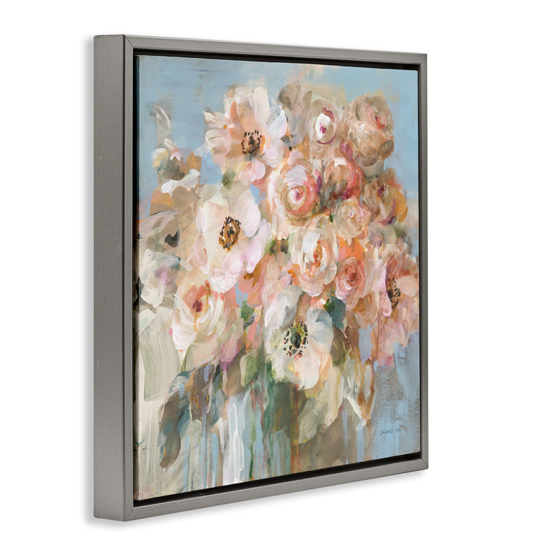 Bouquet de roses, blanc, floral, Cadre flottant gris lustré, H 25 po x l 25 po