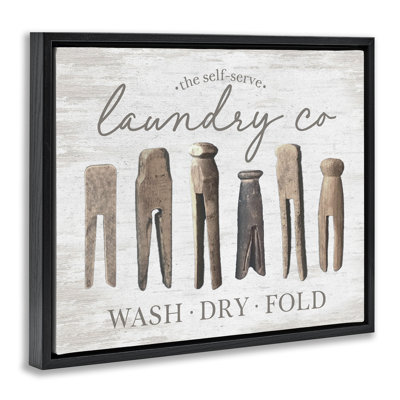 Rustic Laundry Clothespins Framed Floater Canvas Wall Art by Lettered and Lined