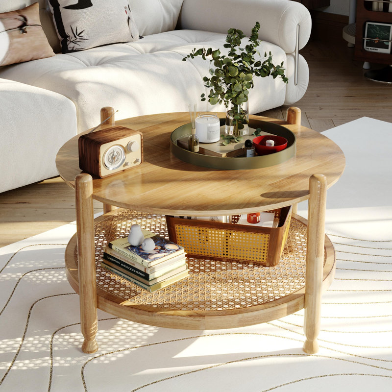 Table basse 32 po en rotin, table centrale ronde en bois massif à 2 niveaux